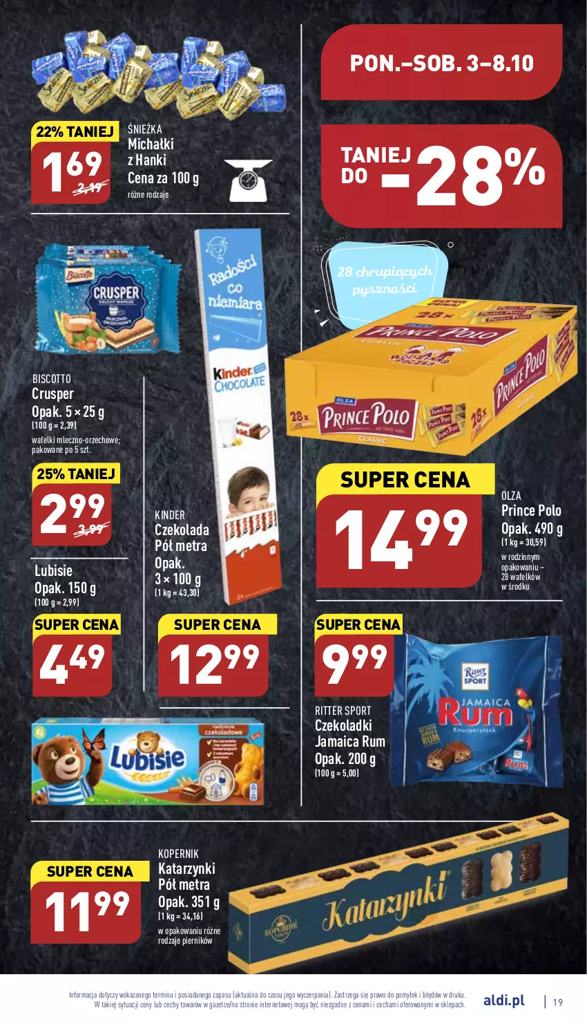 Gazetka promocyjna Aldi - Pełny katalog - ważna 03.10 do 08.10.2022 - strona 19 - produkty: Czekolada, Kinder, Lubisie, Michałki, Piernik, Por, Prince Polo, Ritter Sport, Rum, Sport