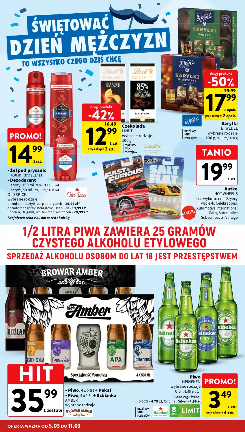Gazetka promocyjna Intermarche - Gazetka promocyjna - ważna 05.03 do 11.03.2026 - strona 12 - produkty: Baryłki, Czekolada, Dezodorant, E. Wedel, Gin, Gra, Heineken, Hot Wheels, Lindt, Old Spice, Piwa, Piwo, Ser, Szklanka