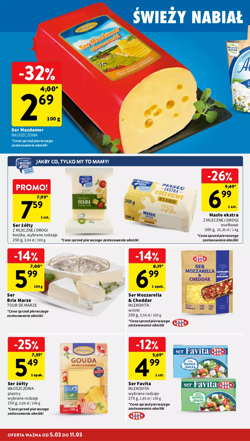 Gazetka promocyjna Intermarche - Gazetka promocyjna - ważna 05.03 do 11.03.2026 - strona 24 - produkty: Brie, Cheddar, Fa, Favita, Masło, Mazdamer, Mleko, Mlekovita, Mozzarella, Ser