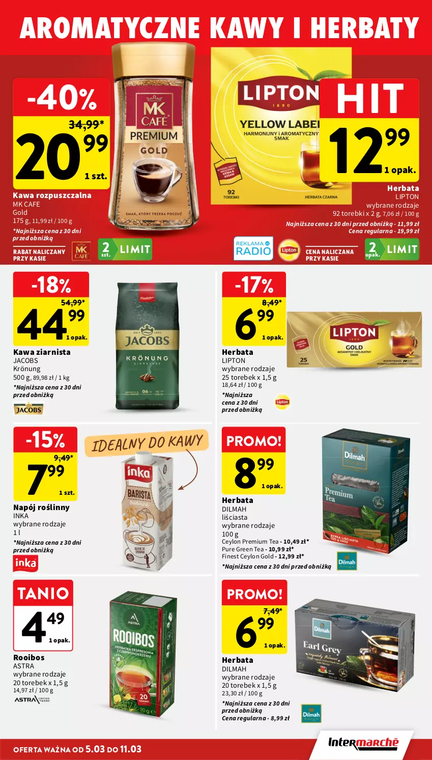 Gazetka promocyjna Intermarche - Gazetka promocyjna - ważna 05.03 do 11.03.2026 - strona 27 - produkty: Dilmah, Herbata, Inka, Jacobs, Jacobs Krönung, Kawa, Kawa rozpuszczalna, Kawa ziarnista, Lipton, Napój, Napój roślinny, Pur
