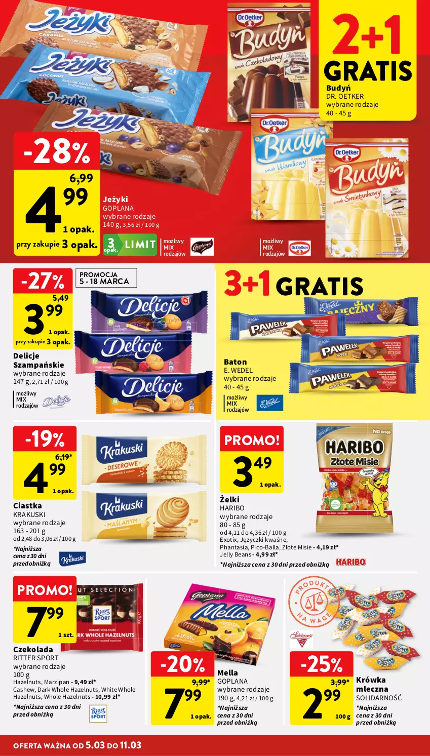 Gazetka promocyjna Intermarche - Gazetka promocyjna - ważna 05.03 do 11.03.2026 - strona 28 - produkty: Baton, Budyń, Ciastka, Czekolada, Delicje, Dr. Oetker, E. Wedel, Goplana, Gra, Haribo, Jelly beans, Jeżyki, Krakus, Krakuski, LANA, Pico-Balla, Por, Ritter Sport, Sport