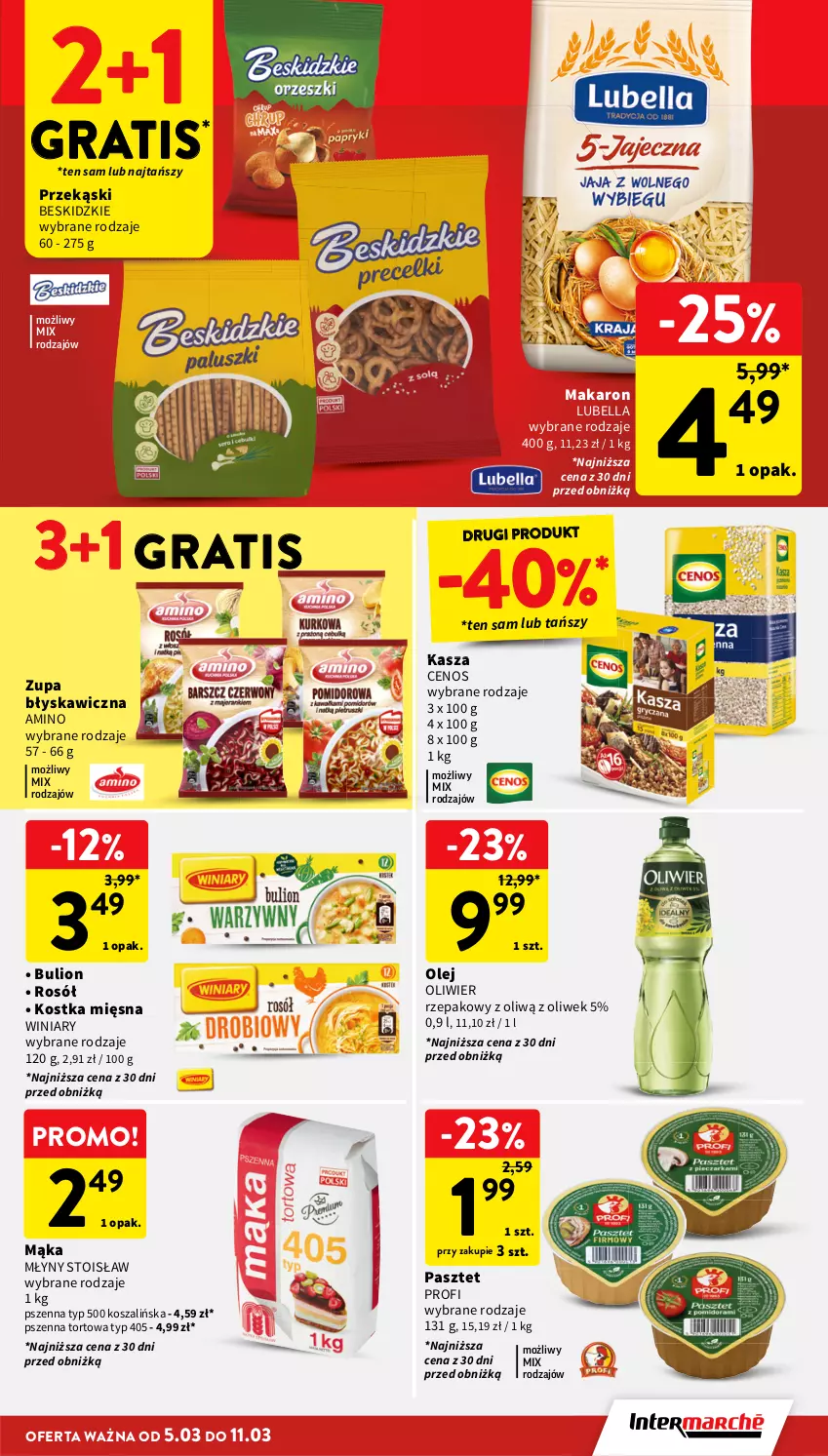 Gazetka promocyjna Intermarche - Gazetka promocyjna - ważna 05.03 do 11.03.2026 - strona 29 - produkty: Bell, Bella, Beskidzki, Bulion, Cenos, Gra, Kasza, Kosz, Lion, Lubella, Mąka, Makaron, Olej, Pasztet, Rosół, Szal, Winiary, Zupa