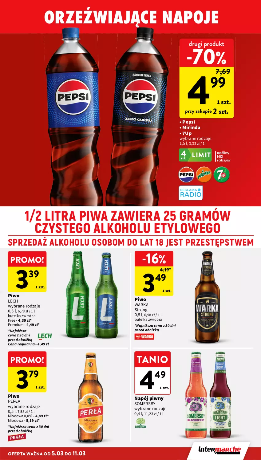 Gazetka promocyjna Intermarche - Gazetka promocyjna - ważna 05.03 do 11.03.2026 - strona 33 - produkty: 7up, Gra, Mirinda, Napój, Napoje, Pepsi, Perła, Piwa, Piwo, Somersby, Warka