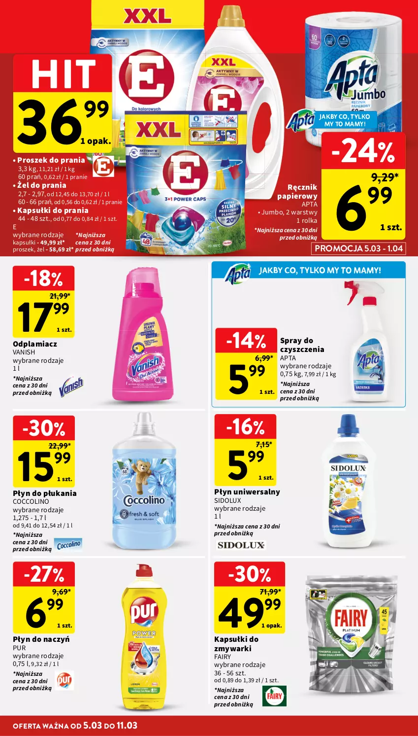 Gazetka promocyjna Intermarche - Gazetka promocyjna - ważna 05.03 do 11.03.2026 - strona 34 - produkty: Coccolino, Fa, Fairy, Kapsułki do prania, Odplamiacz, Papier, Płyn do płukania, Proszek do prania, Pur, Ręcznik, Sidolux, Spray do czyszczenia, Vanish, Zmywarki