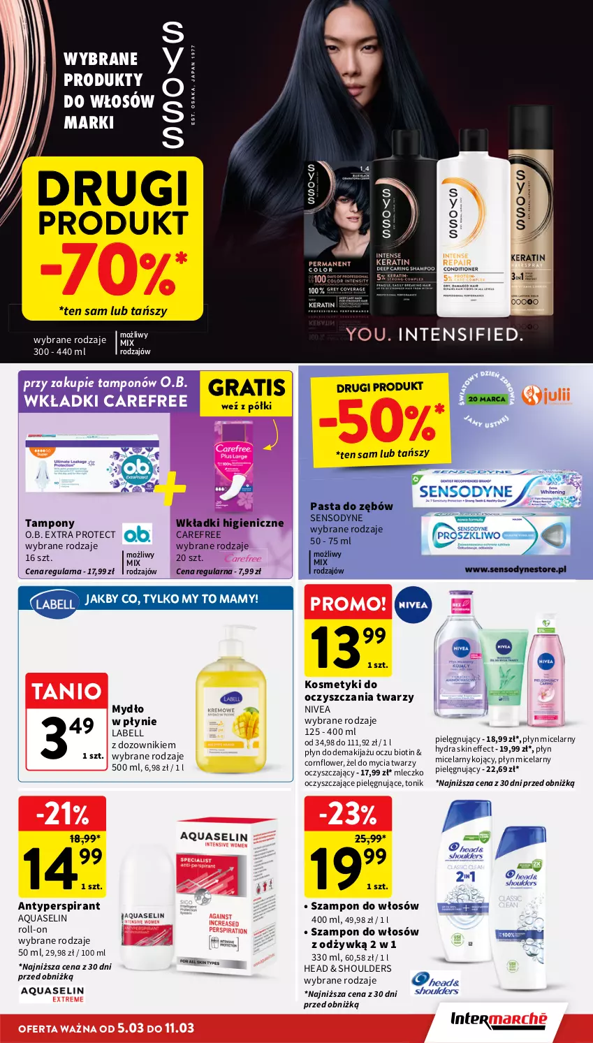 Gazetka promocyjna Intermarche - Gazetka promocyjna - ważna 05.03 do 11.03.2026 - strona 35 - produkty: Antyperspirant, Aquaselin, Bell, Carefree, Dozownik, Gra, Makijaż, Mleczko, Mydło, Mydło w płynie, Nivea, O.B., Pasta do zębów, Płyn micelarny, Sensodyne, Szampon, Tampony, Tonik, Wkładki