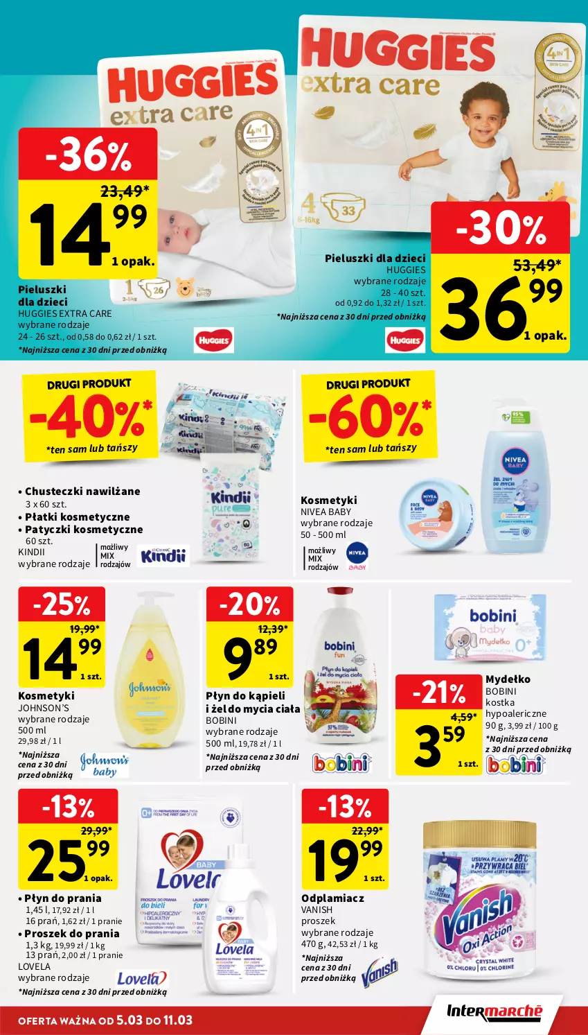 Gazetka promocyjna Intermarche - Gazetka promocyjna - ważna 05.03 do 11.03.2026 - strona 37 - produkty: Chusteczki, Dzieci, Fa, Huggies, Kindii, Lovela, Nivea, Nivea Baby, Odplamiacz, Patyczki kosmetyczne, Płatki kosmetyczne, Płyn do kąpieli, Płyn do prania, Proszek do prania, Vanish