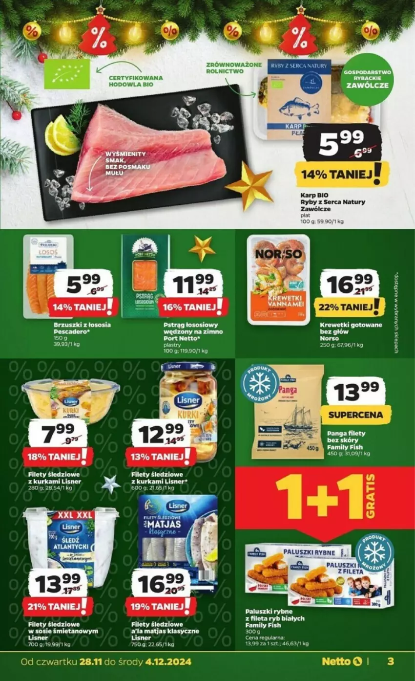 Gazetka promocyjna Netto - ważna 28.11 do 04.12.2024 - strona 15 - produkty: Brzuszki z łososia, Fa, Karp, Krewetki, Lisner, Matjas, Por, Ser, Sos