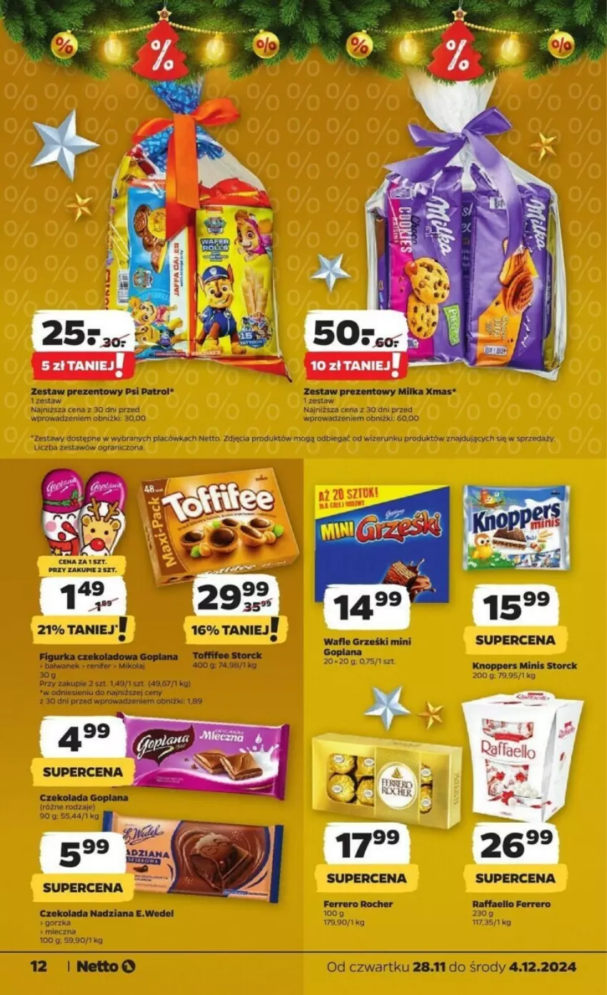 Gazetka promocyjna Netto - ważna 28.11 do 04.12.2024 - strona 4 - produkty: Czekolada, Fa, Ferrero, Ferrero Rocher, Gra, Grześki, Knoppers, Miecz, Milka, Psi Patrol, Raffaello, Renifer, Wafle, Zestaw prezentowy