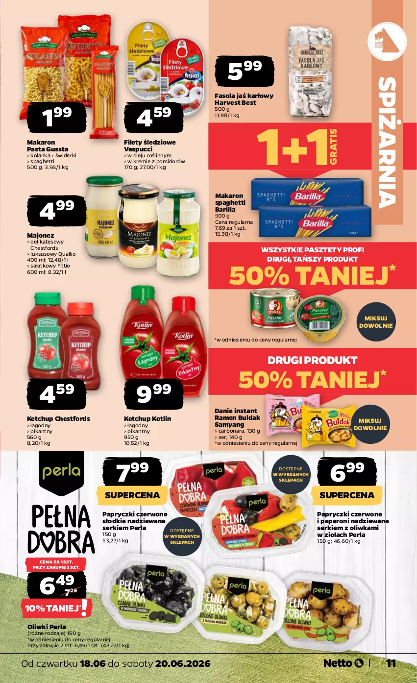 Gazetka promocyjna Netto - Od Czwartku - ważna 18.06 do 20.06.2026 - strona 11 - produkty: Barilla, Fa, Fasola, Gra, Ketchup, Kotlin, Majonez, Makaron, Olej, Oliwki, Pasztet, Sałat, Ser, Spaghetti