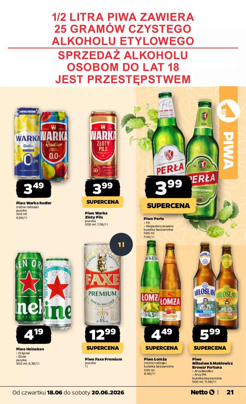 Gazetka promocyjna Netto - Od Czwartku - ważna 18.06 do 20.06.2026 - strona 21 - produkty: Fa, Fortuna, Gin, Gra, Heineken, Perła, Piwa, Piwo, Radler, Warka