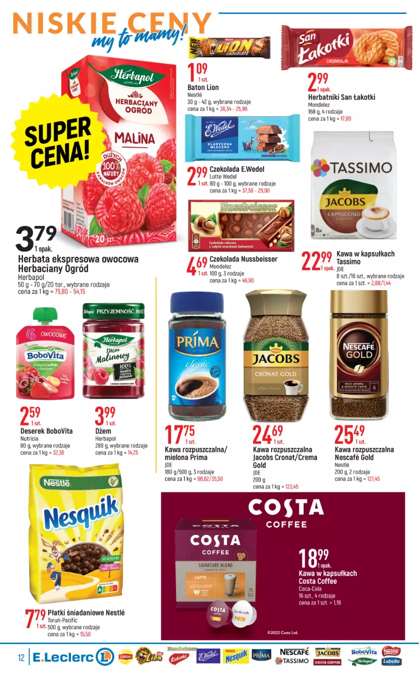 Gazetka promocyjna E Leclerc - ważna 05.07 do 16.07.2022 - strona 12 - produkty: Baton, BoboVita, Cif, Coca-Cola, Czekolada, Danio, Deser, Dżem, Herbapol, Herbata, Herbatniki, Jacobs, Kawa, Kawa rozpuszczalna, Lion, Ogród, Prima, Ser, Serek, Tassimo