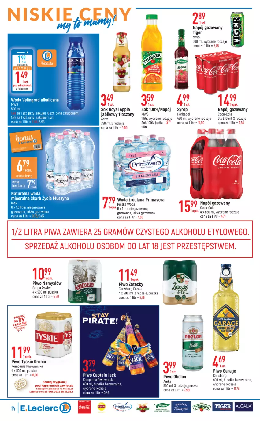 Gazetka promocyjna E Leclerc - ważna 05.07 do 16.07.2022 - strona 14 - produkty: Captain Jack, Carlsberg, Coca-Cola, Gin, Gra, Herbapol, Mus, Namysłów, Napój, Napój gazowany, Piwa, Piwo, Prima, Primavera, Sok, Syrop, Szyna, Tyskie, Woda