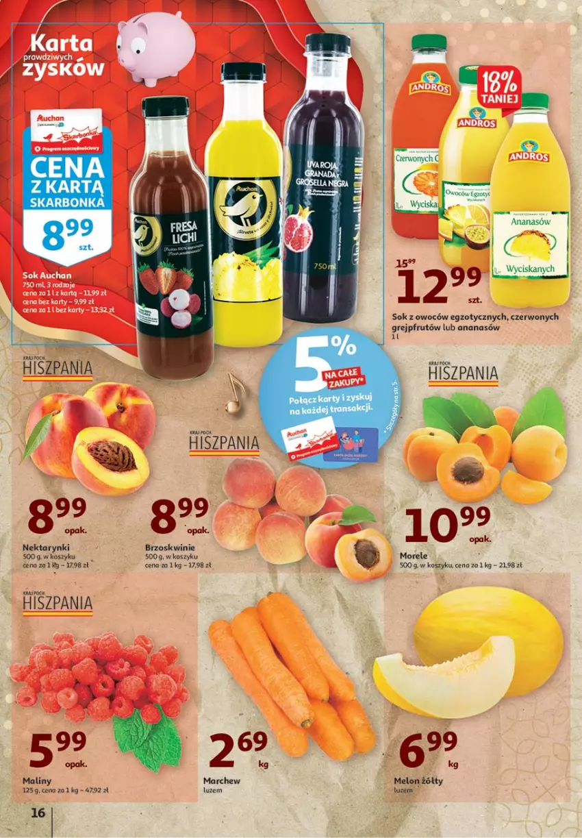 Gazetka promocyjna Auchan - 25 Urodziny #4 Hipermarkety - ważna 14.05 do 21.05.2021 - strona 16 - produkty: Ananas, Brzoskwinie, Grejpfrut, Kosz, Maliny, Melon, Nektar, Sok