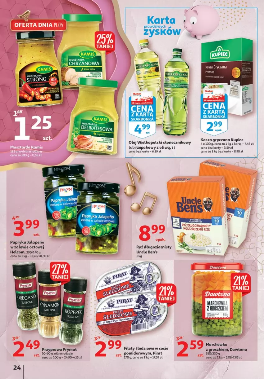 Gazetka promocyjna Auchan - 25 Urodziny #4 Hipermarkety - ważna 14.05 do 21.05.2021 - strona 24 - produkty: Chrzan, Dawtona, Gry, HELCOM, Kasza, Kasza gryczana, Kupiec, Marchewka, Mus, Musztarda, Olej, Papryka, Piec, Prymat, Ryż, Sos, Uncle Ben's