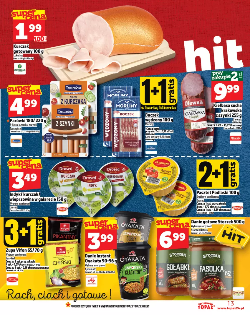 Gazetka promocyjna Topaz - Gazetka - ważna 24.04 do 30.04.2025 - strona 13 - produkty: Boczek, Danie gotowe, Gala, Kurczak, Morliny, Parówki, Tarczyński, Top, Zupa