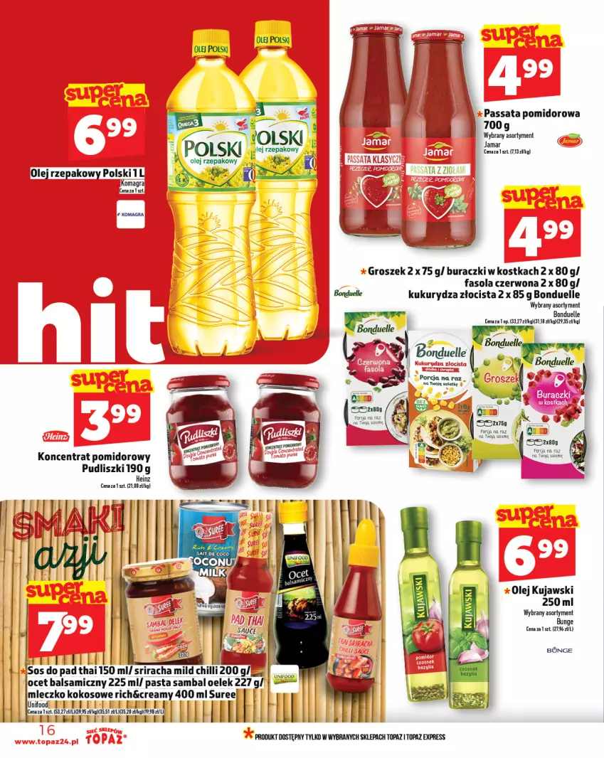 Gazetka promocyjna Topaz - Gazetka - ważna 24.04 do 30.04.2025 - strona 16 - produkty: Bonduelle, Buraczki, Fa, Fasola, Gra, Groszek, Heinz, Kokos, Koncentrat pomidorowy, Kujawski, Kukurydza, Ocet, Ocet balsamiczny, Olej, Olej rzepakowy, Por, Pudliszki, Sałat, Sos, Top