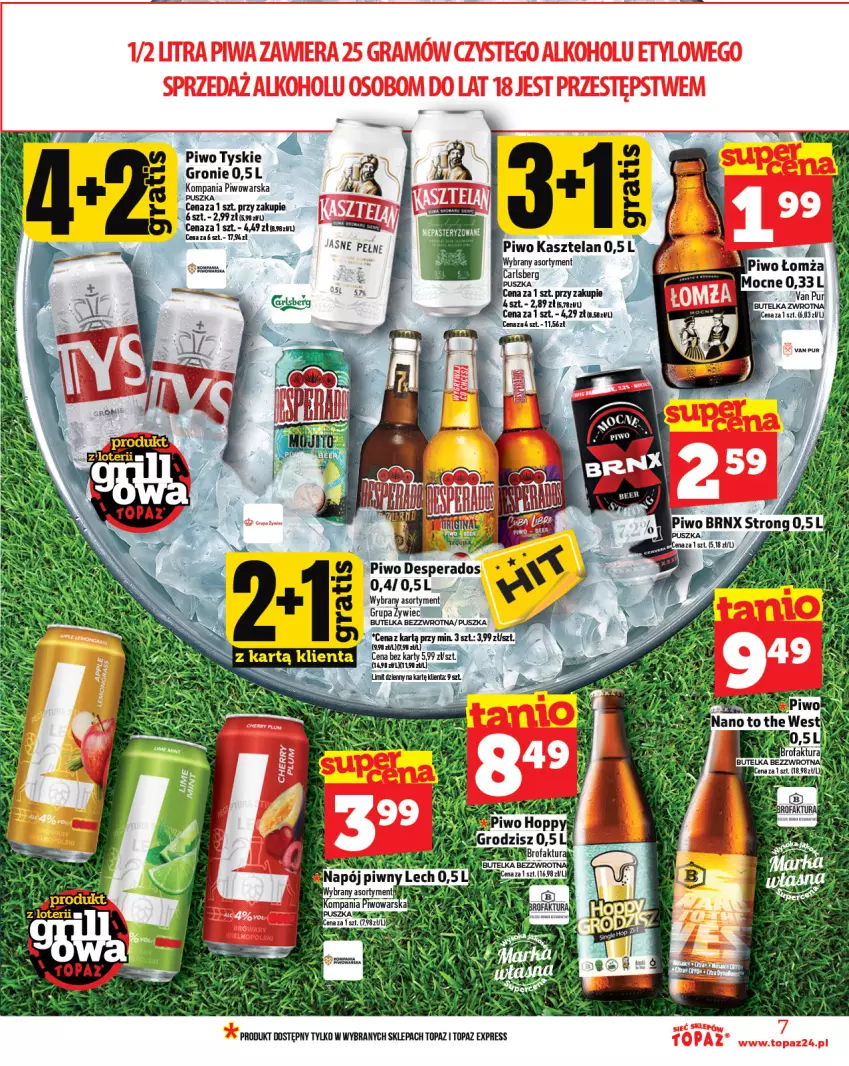 Gazetka promocyjna Topaz - Gazetka - ważna 24.04 do 30.04.2025 - strona 7 - produkty: Desperados, Kasztelan, Piwo, Top, Tyskie