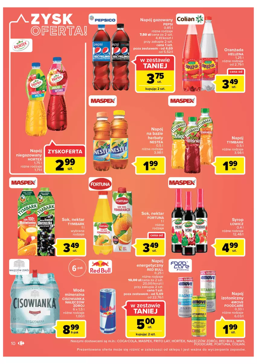 Gazetka promocyjna Carrefour - Gazetka Market ZyskOferty - ważna 16.05 do 21.05.2022 - strona 10 - produkty: Coca-Cola, Fortuna, Hellena, Hortex, Kosz, Napój, Napój energetyczny, Napój gazowany, Napój izotoniczny, Nektar, Nestea, Oranżada, Pepsi, Red Bull, Sok, Syrop, Tymbark, Woda, Woda mineralna