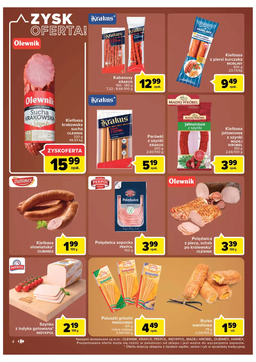 Gazetka promocyjna Carrefour - Gazetka Market ZyskOferty - ważna 16.05 do 21.05.2022 - strona 4 - produkty: Grissini, Kabanos, Kiełbasa, Kiełbasa krakowska, Krakus, Kurczak, Madej Wróbel, Morliny, Olewnik, Parówki, Parówki z szynki, Pekpol, Piec, Polędwica, Ser