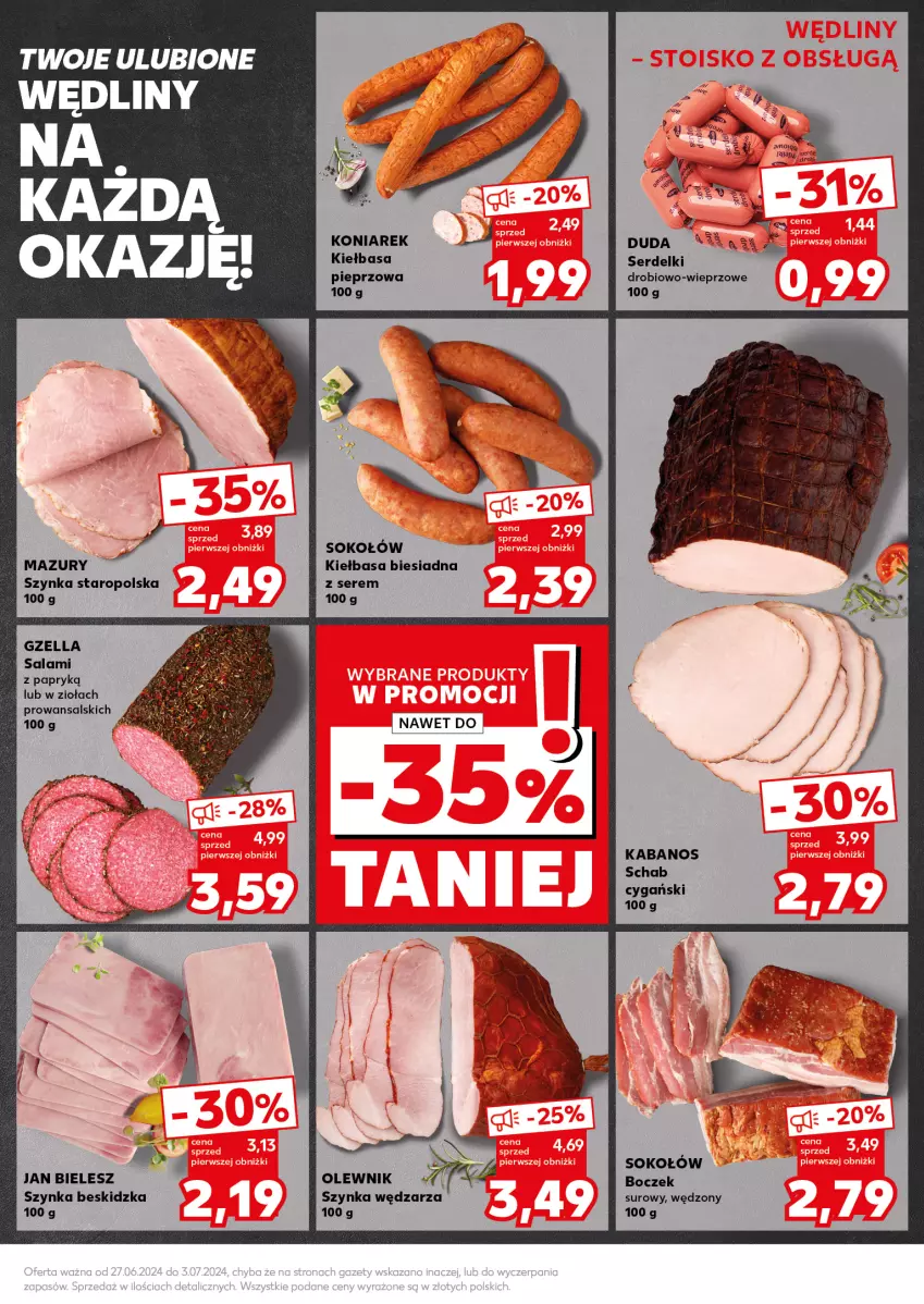 Gazetka promocyjna Kaufland - Kaufland - ważna 01.07 do 03.07.2024 - strona 13 - produkty: Boczek, Duda, Kabanos, Kiełbasa, Kiełbasa biesiadna, Olewnik, Pieprz, Salami, Salami z papryką, Ser, Serdelki, Sok, Sokołów, Szynka