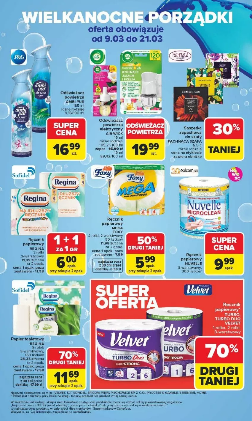 Gazetka promocyjna Carrefour - Gazetka Wielkanoc na błysk! - ważna 09.03 do 21.03.2026 - strona 7 - produkty: Fa, Gin, Odświeżacz powietrza, Papier, Papier toaletowy, Pasek, Piec, Por, Pur, Ręcznik, Rolki, Szafa, Velvet