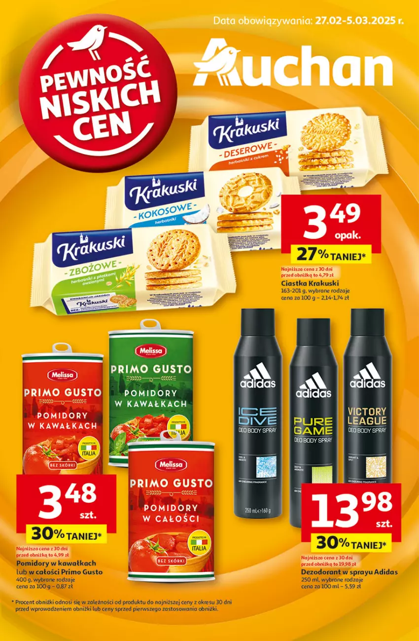 Gazetka promocyjna Auchan - Pewność Niskich Cen Hipermarket - ważna 27.02 do 05.03.2025 - strona 1 - produkty: Adidas, Ciastka, Fa, Kawa, Krakus, Krakuski