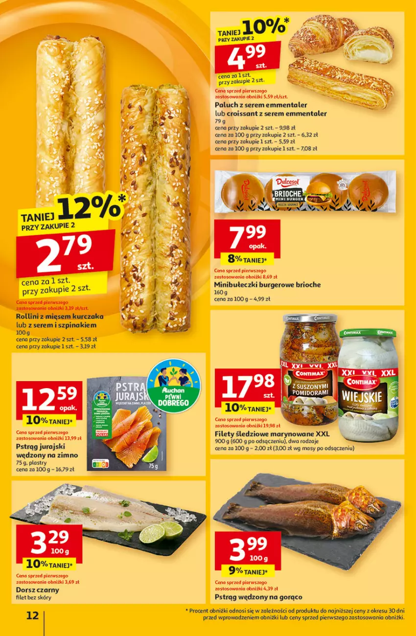 Gazetka promocyjna Auchan - Pewność Niskich Cen Hipermarket - ważna 27.02 do 05.03.2025 - strona 14 - produkty: Bułeczki, Burger, Croissant, Dorsz, Emmental, Gra, Pstrąg, Pstrąg wędzony, Ser, Szpinak