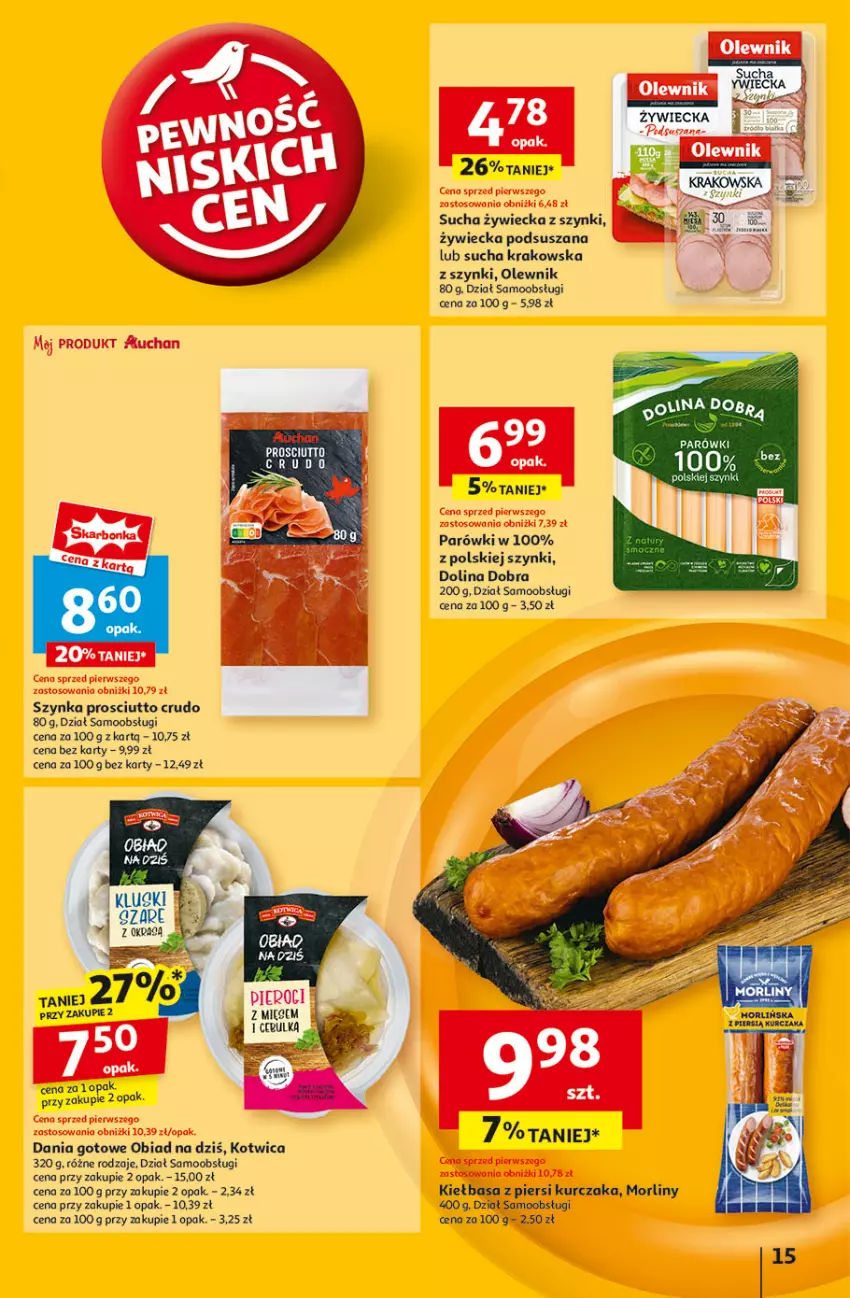 Gazetka promocyjna Auchan - Pewność Niskich Cen Hipermarket - ważna 27.02 do 05.03.2025 - strona 17 - produkty: Dania gotowe, Kiełbasa, Kiełbasa z piersi kurczaka, Kurczak, Morliny, Mus, Olewnik, Parówki, Pax, Prosciutto, Szynka, Wella