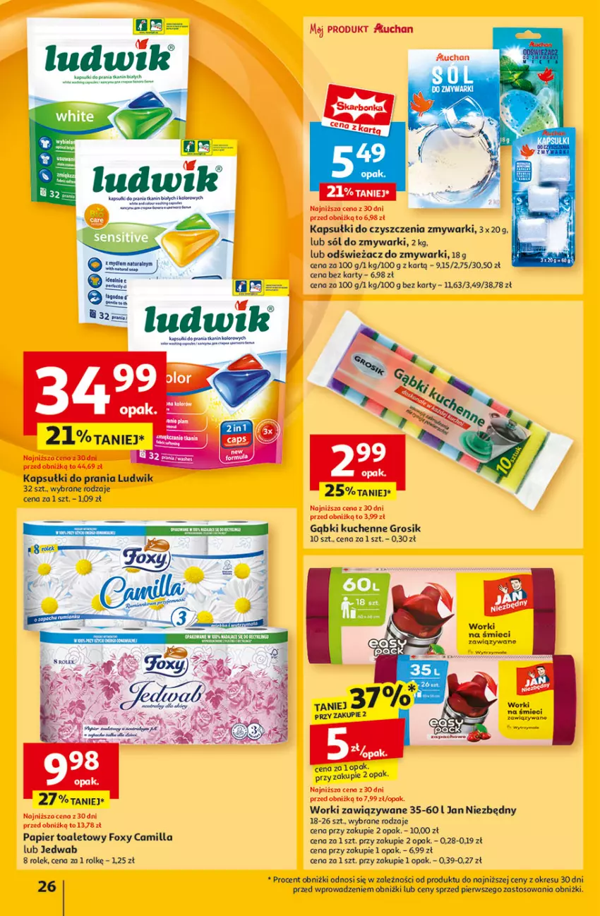 Gazetka promocyjna Auchan - Pewność Niskich Cen Hipermarket - ważna 27.02 do 05.03.2025 - strona 28 - produkty: Fa, Fotel, Foxy, Jan Niezbędny, Kapsułki do prania, Ludwik, Odświeżacz do zmywarki, Papier, Papier toaletowy, Sól, Worki na śmiec, Worki na śmieci, Zmywarki