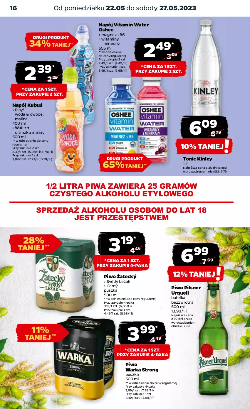 Gazetka promocyjna Netto - Artykuły spożywcze - ważna 22.05 do 27.05.2023 - strona 16 - produkty: Gra, Kubuś, Magnez, Maliny, Napój, Oshee, Owoce, Pilsner Urquell, Piwa, Piwo, Warka, Woda