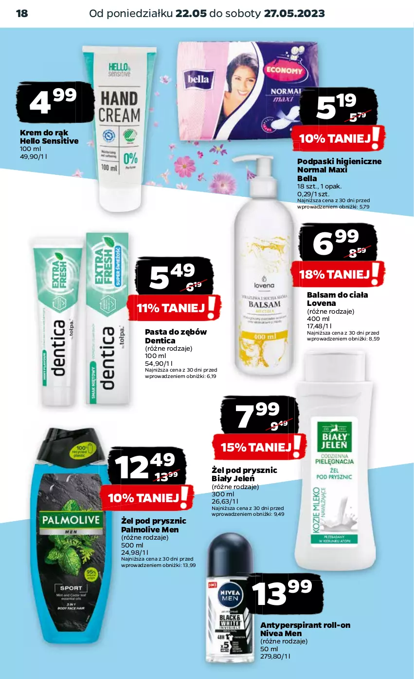 Gazetka promocyjna Netto - Artykuły spożywcze - ważna 22.05 do 27.05.2023 - strona 18 - produkty: Antyperspirant, Balsam do ciała, Bell, Bella, Biały Jeleń, Krem do rąk, Nivea, Nivea Men, Palmolive, Pasta do zębów, Podpaski