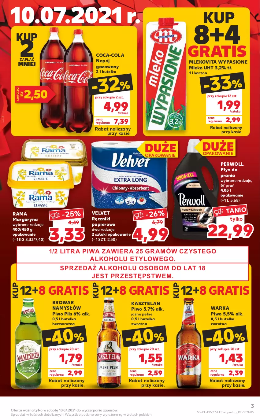 Gazetka promocyjna Kaufland - OFERTA TYGODNIA - ważna 08.07 do 14.07.2021 - strona 3 - produkty: Coca-Cola, Gra, Kasztelan, Margaryna, Mleko, Mlekovita, Namysłów, Napój, Napój gazowany, Papier, Perwoll, Piwa, Piwo, Płyn do prania, Rama, Ręcznik, Ręczniki papierowe, Velvet, Warka