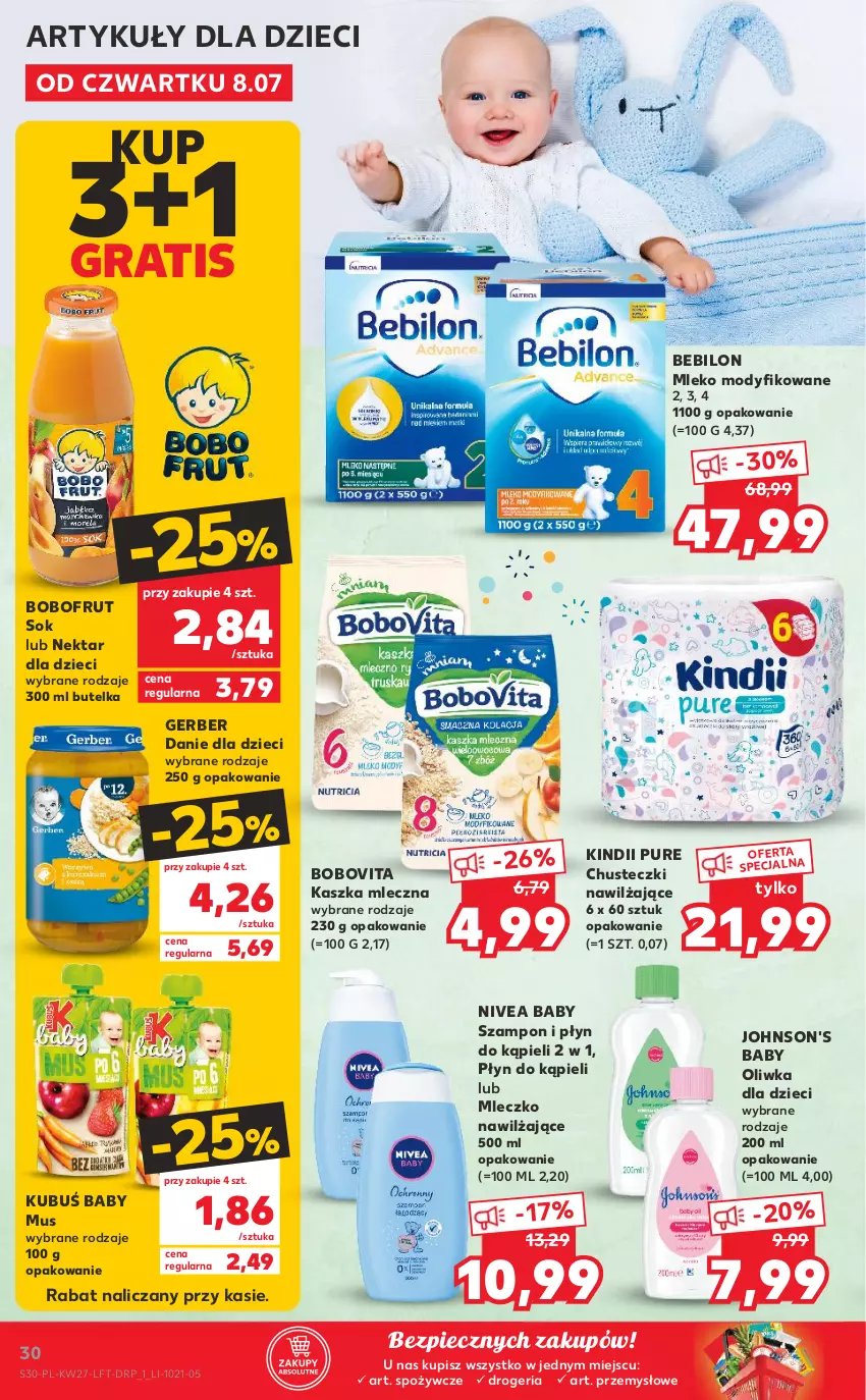 Gazetka promocyjna Kaufland - OFERTA TYGODNIA - ważna 08.07 do 14.07.2021 - strona 30 - produkty: Baby O, Bobofrut, BoboVita, Chusteczki, Danie dla dzieci, Dzieci, Gerber, Gra, Johnson's, Johnson's Baby, Kindii, Kubuś, Mleczko, Mleko, Mleko modyfikowane, Mus, Nektar, Nivea, Nivea Baby, Oliwka dla dzieci, Piec, Płyn do kąpieli, Pur, Sok, Szampon