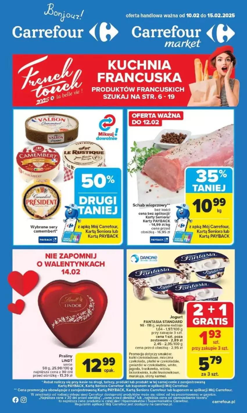 Gazetka promocyjna Carrefour - ważna 10.02 do 15.02.2025 - strona 1 - produkty: Czekolada, Fa, Fanta, Lindt, Schab wieprzowy, Ser