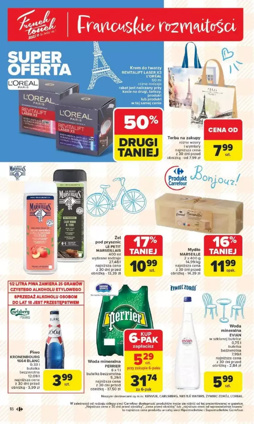 Gazetka promocyjna Carrefour - ważna 10.02 do 15.02.2025 - strona 10 - produkty: Carlsberg, Krem do twarzy, Mars, Mydło, Piwo, Ser, Torba, Torba na zakupy, Woda, Woda mineralna