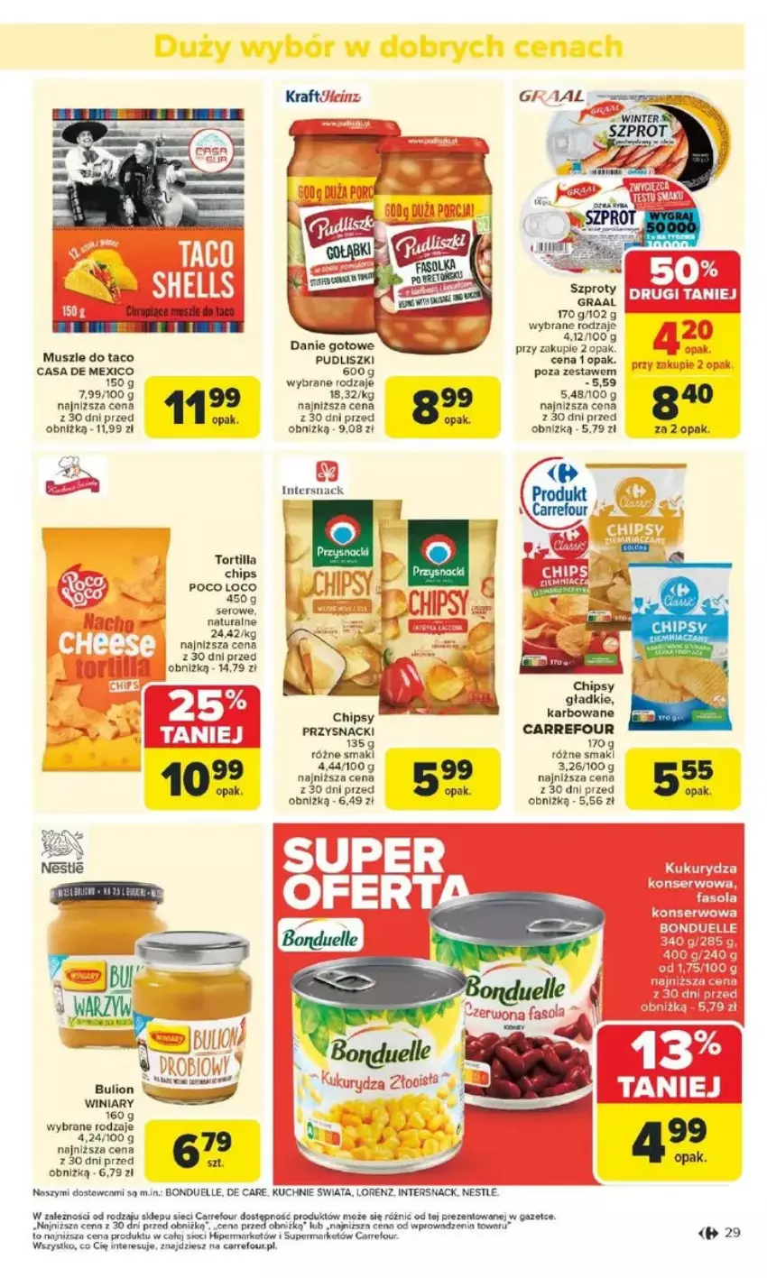 Gazetka promocyjna Carrefour - ważna 10.02 do 15.02.2025 - strona 22 - produkty: Bulion, Chipsy, Danie gotowe, Fa, Fasola, Gra, Graal, Lion, Lorenz, Mus, Poco Loco, Por, Przysnacki, Pudliszki, Ser, Szprot, Winiary