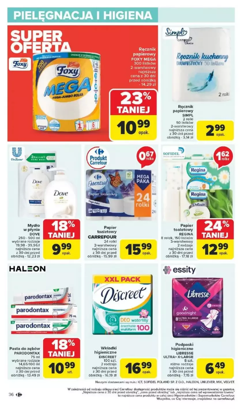 Gazetka promocyjna Carrefour - ważna 10.02 do 15.02.2025 - strona 30 - produkty: Discreet, Dove, Fa, Gin, Mydło, Papier, Parodontax, Pasta do zębów, Podpaski, Ręcznik, Rolki, Wkładki