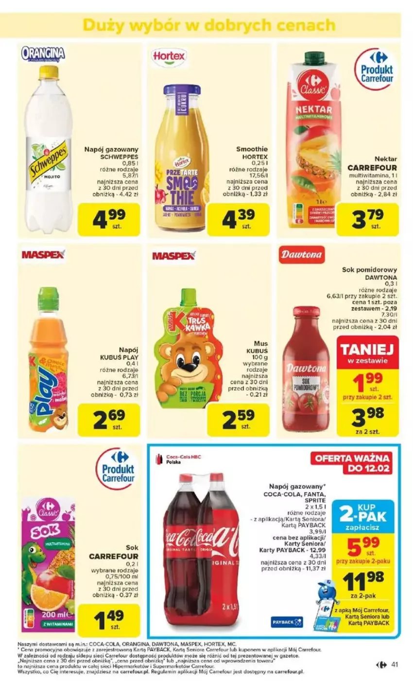 Gazetka promocyjna Carrefour - ważna 10.02 do 15.02.2025 - strona 36 - produkty: Coca-Cola, Dawtona, Fa, Fanta, Gin, Hortex, Mus, Napój, Napój gazowany, Nektar, Smoothie, Sok, Sok pomidorowy, Sprite