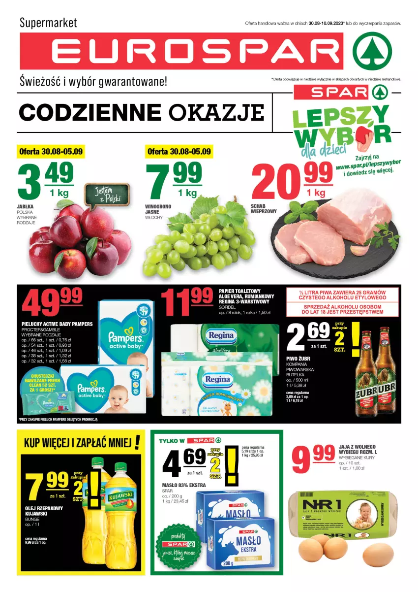 Gazetka promocyjna Spar - EuroSpar - ważna 27.08 do 06.09.2023 - strona 1 - produkty: Be Be, Gin, Jabłka, Jaja, Kujawski, Masło, Olej, Olej rzepakowy, Rum, Schab wieprzowy, Wino