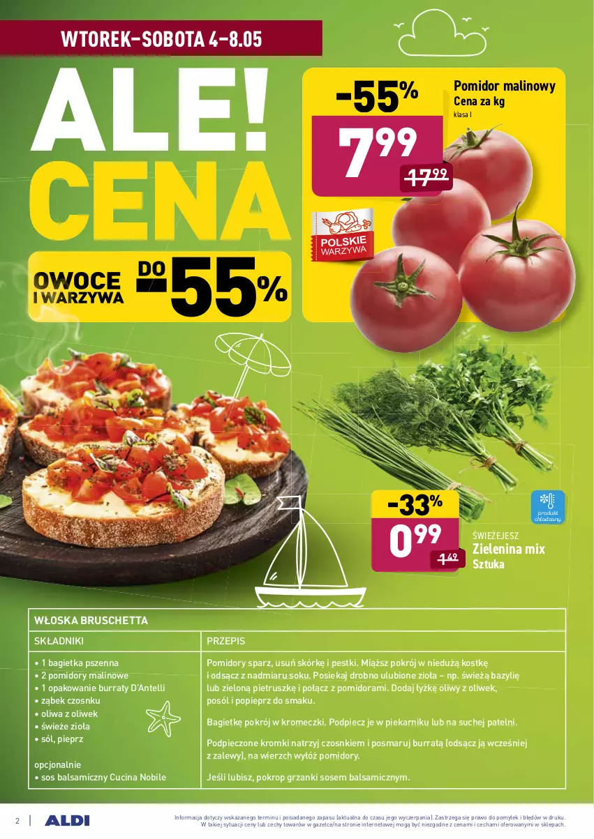 Gazetka promocyjna Aldi - ważna 04.05 do 08.05.2021 - strona 2 - produkty: Bagietka, Bagietka pszenna, Bazyl, Oliwa z oliwek, Owoce, Piec, Piekarnik, Pieprz, Pomidor malinowy, Pomidory, Sok, Sól, Sos, Warzywa