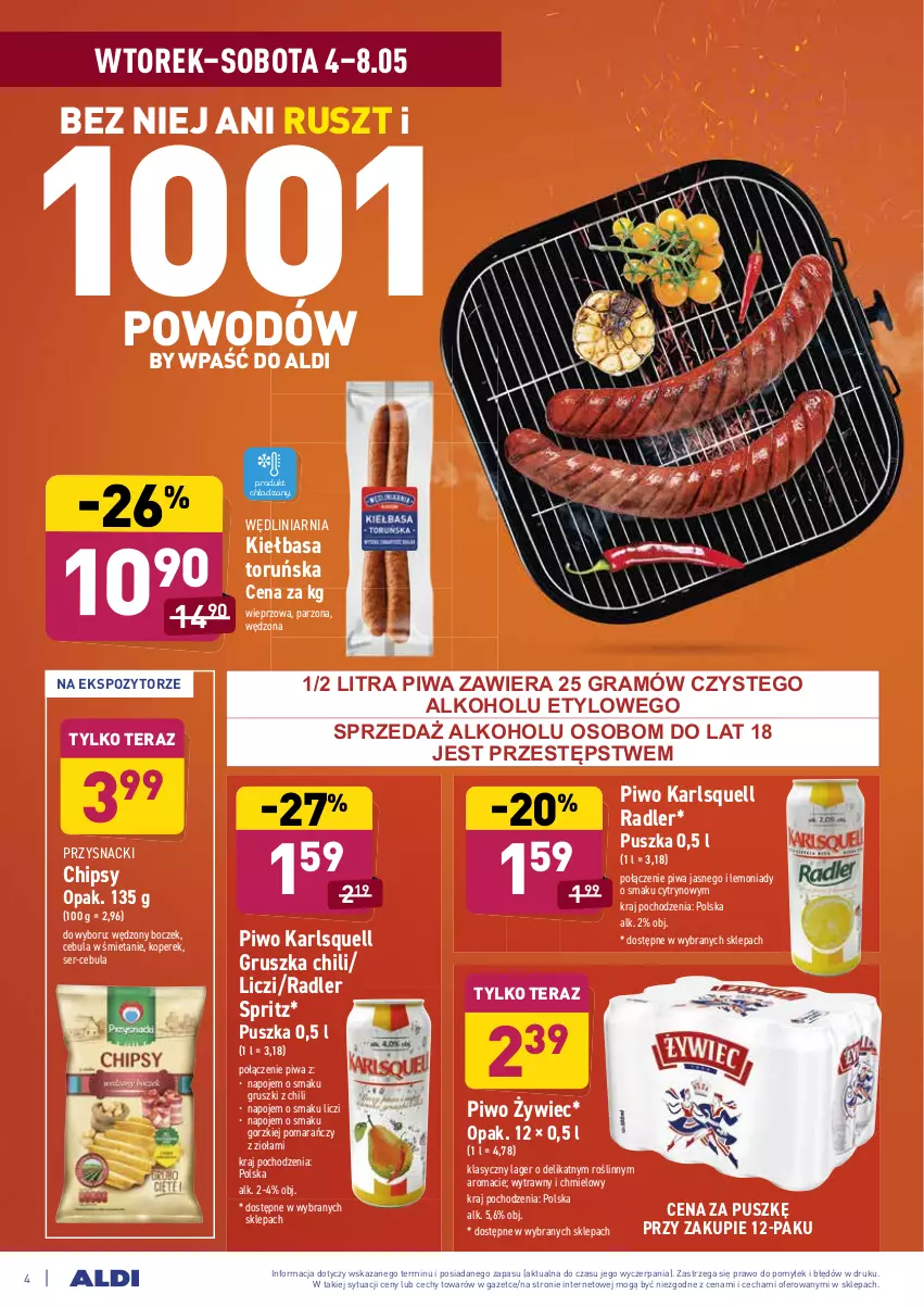 Gazetka promocyjna Aldi - ważna 04.05 do 08.05.2021 - strona 4 - produkty: Boczek, Cebula, Chipsy, Gra, Gruszki, Karlsquell, Kiełbasa, Liczi, Napoje, Piwa, Piwo, Przysnacki, Radler, Ser, Tera