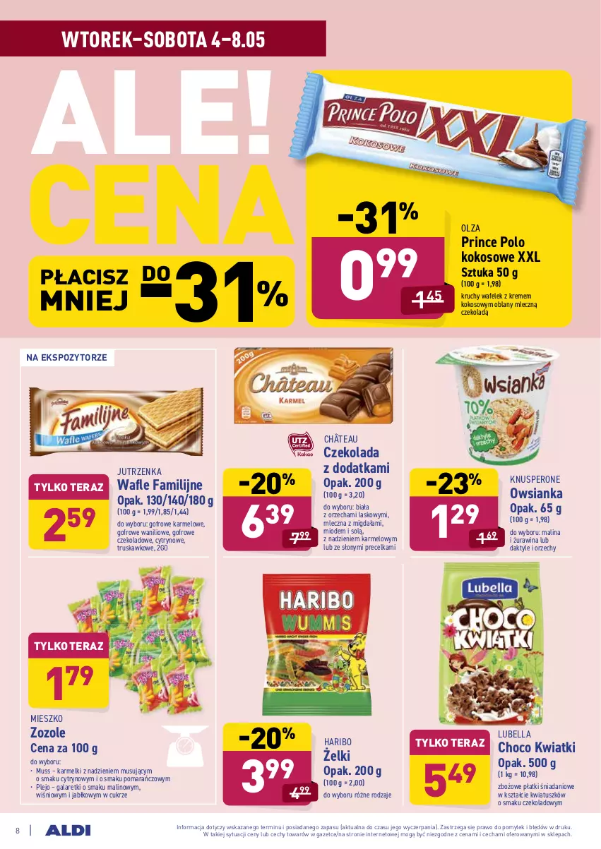 Gazetka promocyjna Aldi - ważna 04.05 do 08.05.2021 - strona 8 - produkty: Bell, Bella, Czekolada, Daktyle, Danio, Fa, Gala, Galaretki, Haribo, Jutrzenka, Kokos, Lubella, Mus, Owsianka, Prince Polo, Tera, Tusz, Wafelek, Wafle