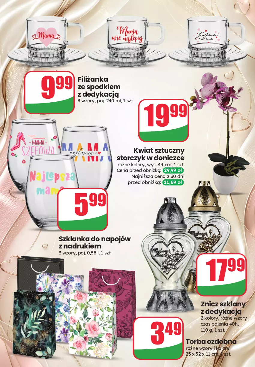 Gazetka promocyjna Dino - Katalog - Dzień Mamy 2026 - ważna 22.05 do 26.05.2026 - strona 8 - produkty: Filiżanka, Storczyk, Szklanka, Torba, Znicz
