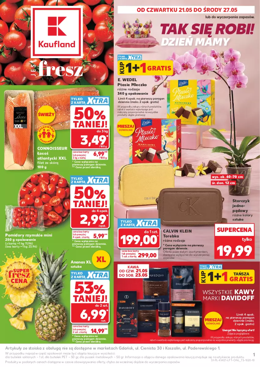 Gazetka promocyjna Kaufland - Gazetka tygodnia - ważna 21.05 do 27.05.2026 - strona 1 - produkty: Ananas, Calvin Klein, Davidoff, E. Wedel, Gra, Kawa, Kosz, Mleczko, Pomidory, Por, Ptasie mleczko, Sok, Storczyk, Szal, Torebka, Waga