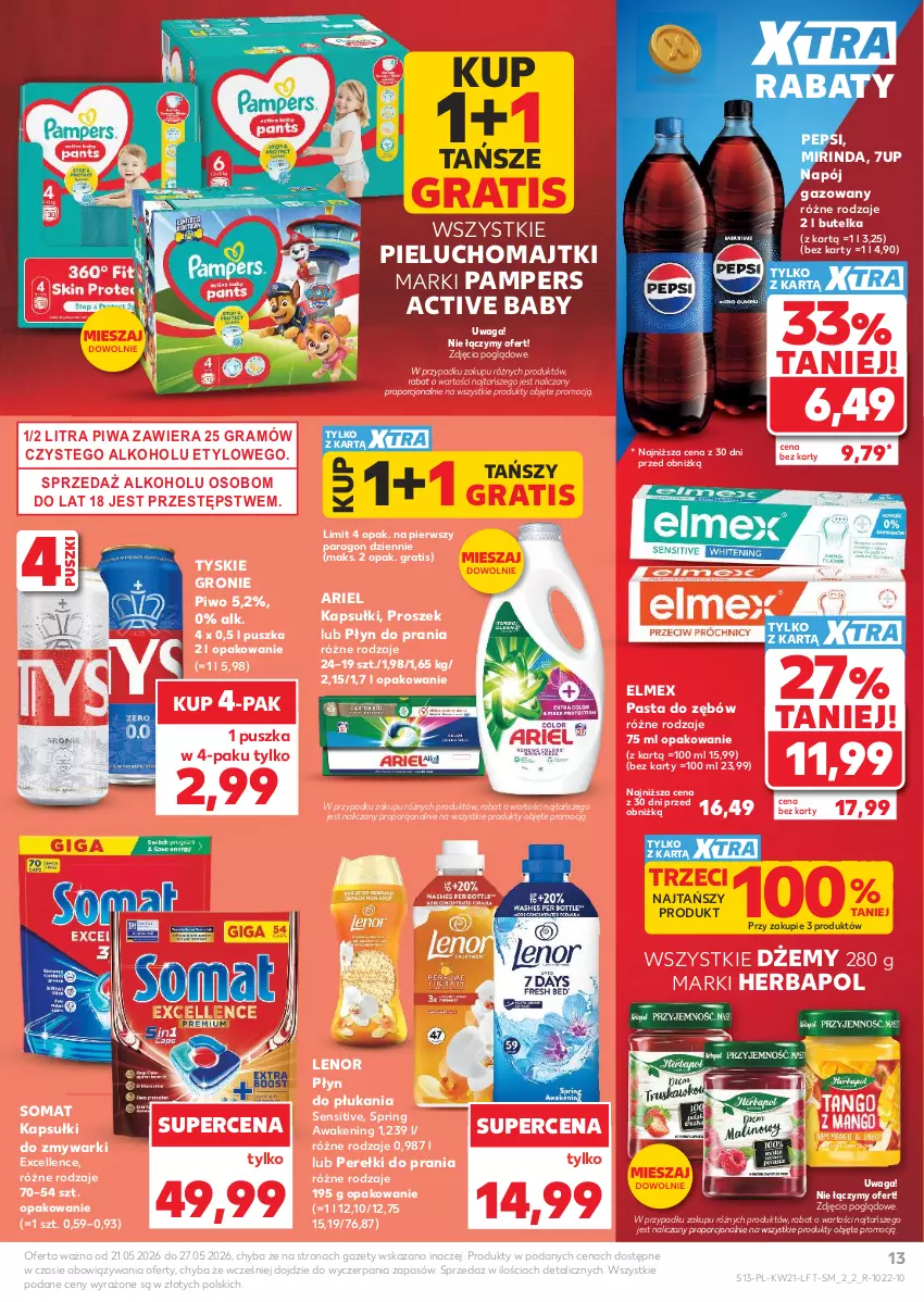 Gazetka promocyjna Kaufland - Gazetka tygodnia - ważna 21.05 do 27.05.2026 - strona 13 - produkty: 7up, Ariel, Dżem, Elmex, Gra, Herbapol, Lenor, Majtki, Mirinda, Napój, Napój gazowany, Pampers, Pasta do zębów, Pepsi, Pieluchomajtki, Piwa, Piwo, Płyn do płukania, Płyn do prania, Por, Somat, Tyskie, Waga, Zmywarki