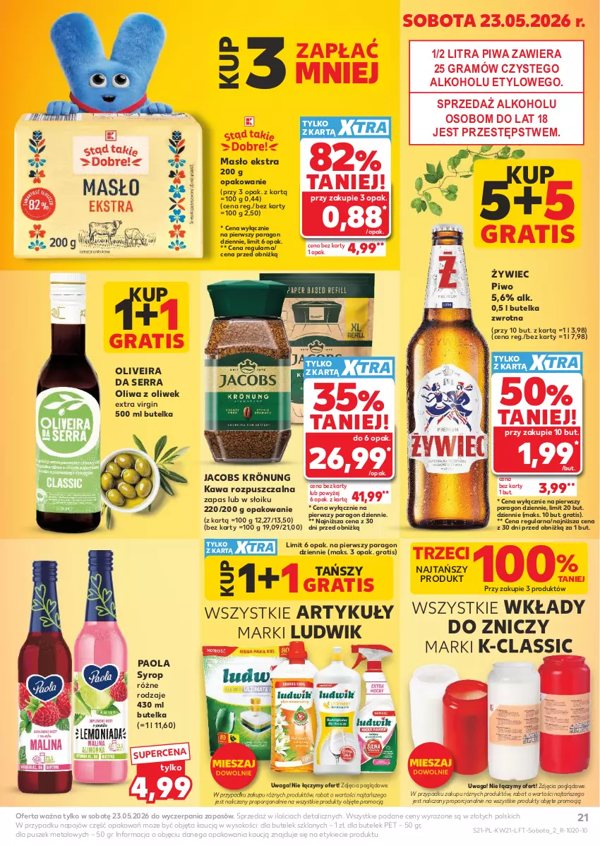 Gazetka promocyjna Kaufland - Gazetka tygodnia - ważna 21.05 do 27.05.2026 - strona 21 - produkty: Gin, Gra, Jacobs, Jacobs Krönung, Kawa, Kawa rozpuszczalna, Ludwik, Masło, Oliwa, Oliwa z oliwek, Paola, Piwa, Piwo, Por, Ser, Sok, Syrop, Waga, Znicz