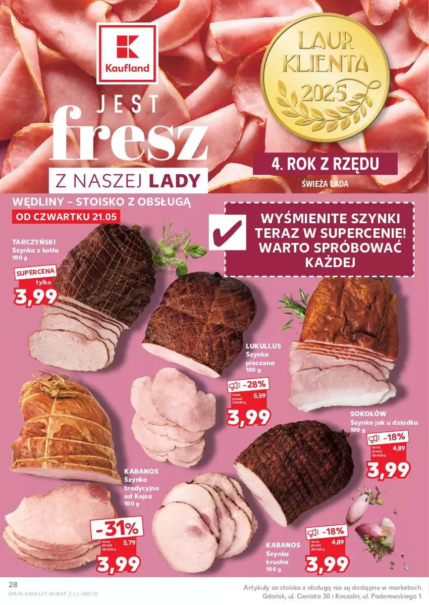 Gazetka promocyjna Kaufland - Gazetka tygodnia - ważna 21.05 do 27.05.2026 - strona 28 - produkty: Kabanos, Kosz, Piec, Sok, Sokołów, Szal, Szynka, Tarczyński, Tera