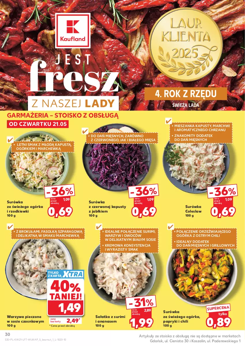 Gazetka promocyjna Kaufland - Gazetka tygodnia - ważna 21.05 do 27.05.2026 - strona 30 - produkty: Ananas, Chrzan, Fa, Grill, Kapustą, Kosz, Piec, Sałat, Sałatka, Sos, Surimi, Surówka, Surówka coleslaw, Szal, Warzywa