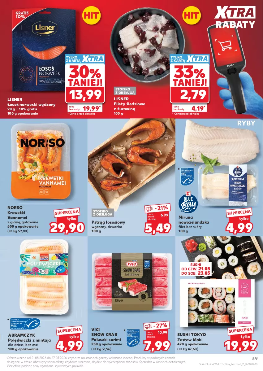 Gazetka promocyjna Kaufland - Gazetka tygodnia - ważna 21.05 do 27.05.2026 - strona 39 - produkty: Dzieci, Gra, Krewetki, Lisner, Mintaj, Miruna, Pstrąg, Pstrąg łososiowy, Sos, Surimi, Sushi