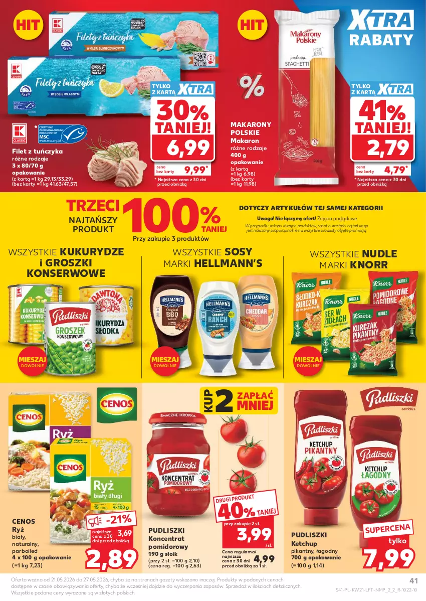 Gazetka promocyjna Kaufland - Gazetka tygodnia - ważna 21.05 do 27.05.2026 - strona 41 - produkty: Cenos, Hellmann’s, Ketchup, Knorr, Koncentrat pomidorowy, Makaron, Por, Pudliszki, Ryż, Ryż biały, Ser, Sos, Tuńczyk, Waga
